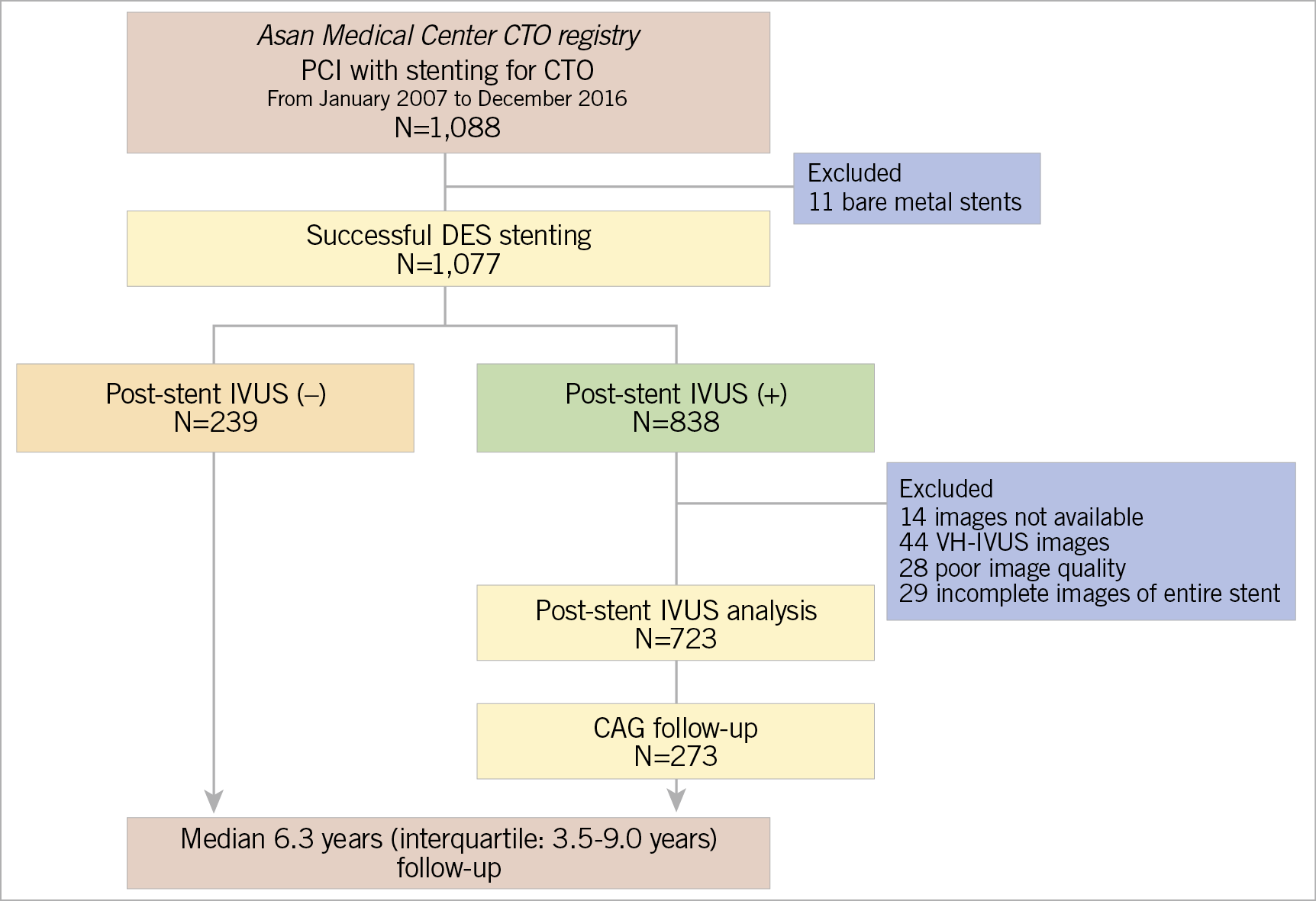 Figure 1. Study population. CAG: coronary angiography; CTO: chronic total occlusion; DES: drug-eluting stent; IVUS: intravascular ultrasound; PCI: percutaneous coronary intervention; VH: virtual histology
